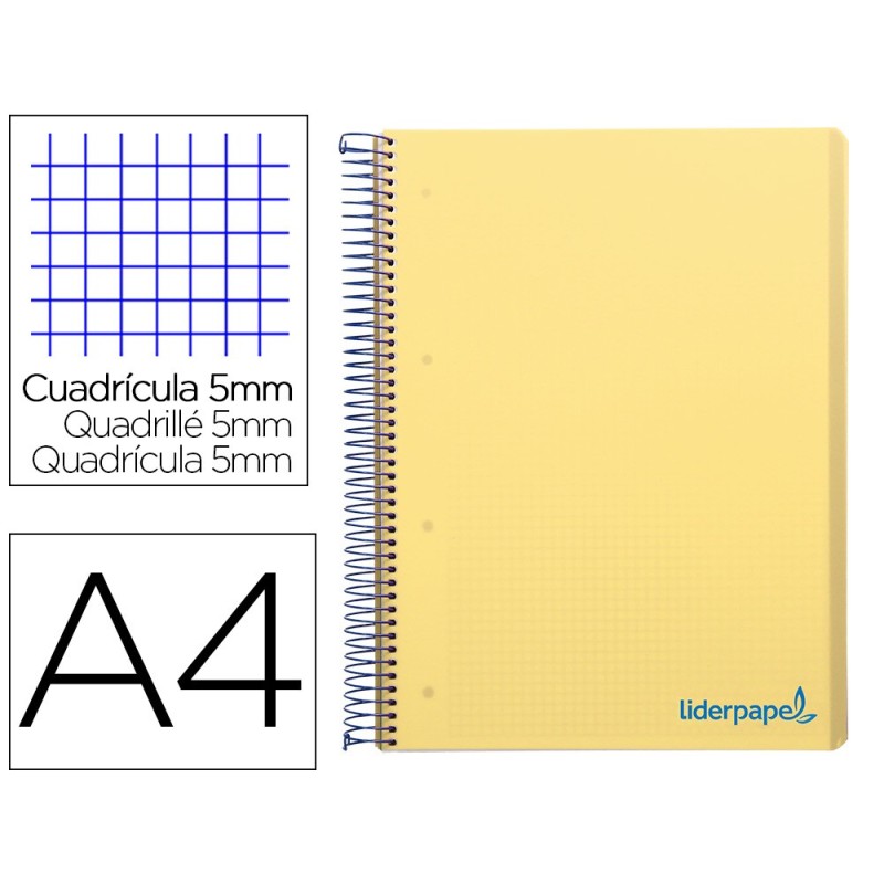 CUADERNO ESPIRAL LIDERPAPEL A4 MICRO WONDER TAPA PLASTICO 120H 90 GR CUADRO 5 MM 5 BANDA4 TALADROS COLOR AMARILLO