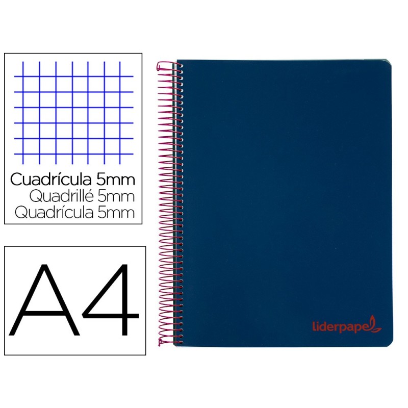 CUADERNO ESPIRAL LIDERPAPEL A4 MICRO WONDER TAPA PLASTICO 120H 90 GR CUADRO 5 MM 5 BANDA4 TALADROS COLOR AZUL MARINO