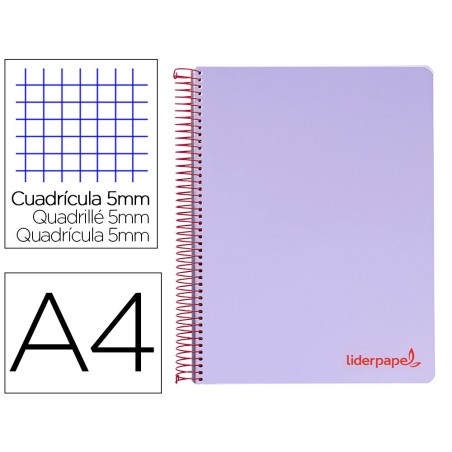 CUADERNO ESPIRAL LIDERPAPEL A4 MICRO WONDER TAPA PLASTICO 120H 90 GR CUADRO 5 MM 5 BANDA4 TALADROS COLOR LILA