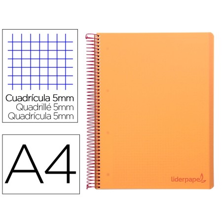 CUADERNO ESPIRAL LIDERPAPEL A4 MICRO WONDER TAPA PLASTICO 120H 90 GR CUADRO 5 MM 5 BANDA4 TALADROS COLOR NARANJA