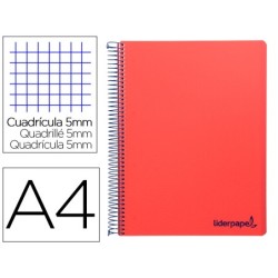 CUADERNO ESPIRAL LIDERPAPEL A4 MICRO WONDER TAPA PLASTICO 120H 90 GR CUADRO 5 MM 5 BANDAS 4 TALADROS COLOR ROJO