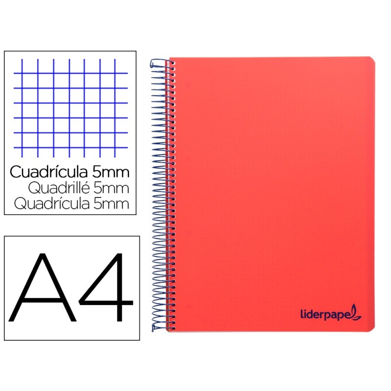 CUADERNO ESPIRAL LIDERPAPEL A4 MICRO WONDER TAPA PLASTICO 120H 90 GR CUADRO 5 MM 5 BANDAS 4 TALADROS COLOR ROJO
