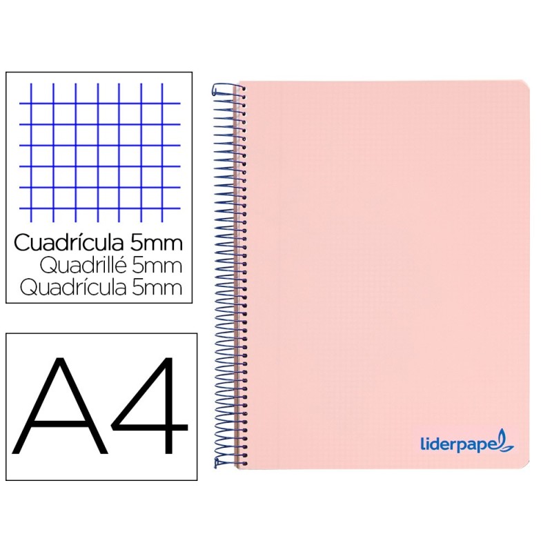 CUADERNO ESPIRAL LIDERPAPEL A4 MICRO WONDER TAPA PLASTICO 120H 90 GR CUADRO 5 MM 5 BANDAS 4 TALADROS COLOR ROSA