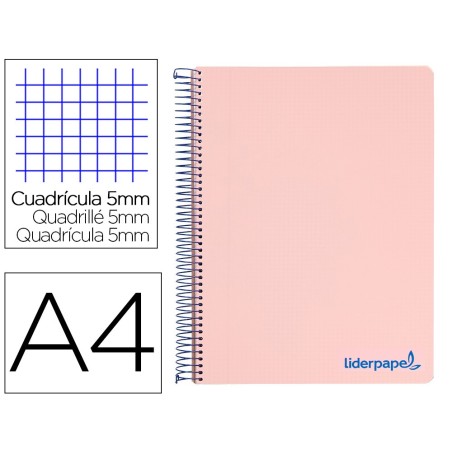 CUADERNO ESPIRAL LIDERPAPEL A4 MICRO WONDER TAPA PLASTICO 120H 90 GR CUADRO 5 MM 5 BANDAS 4 TALADROS COLOR ROSA