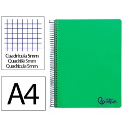 CUADERNO ESPIRAL LIDERPAPEL A4 MICRO WONDER TAPA PLASTICO 120H 90 GR CUADRO 5 MM 5 BANDAS 4 TALADROS COLOR VERDE