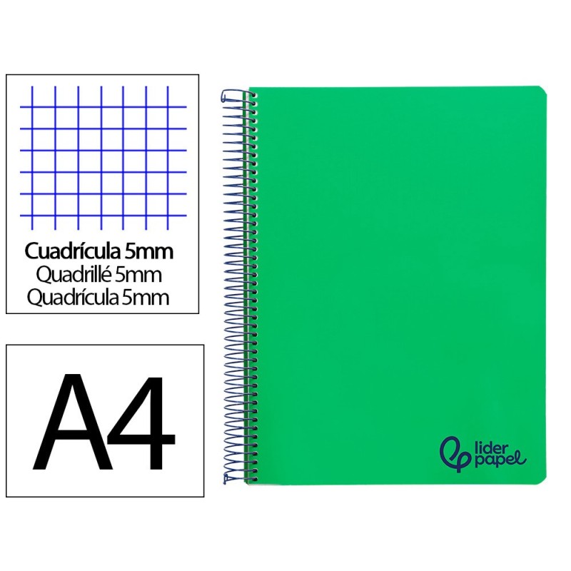 CUADERNO ESPIRAL LIDERPAPEL A4 MICRO WONDER TAPA PLASTICO 120H 90 GR CUADRO 5 MM 5 BANDAS 4 TALADROS COLOR VERDE