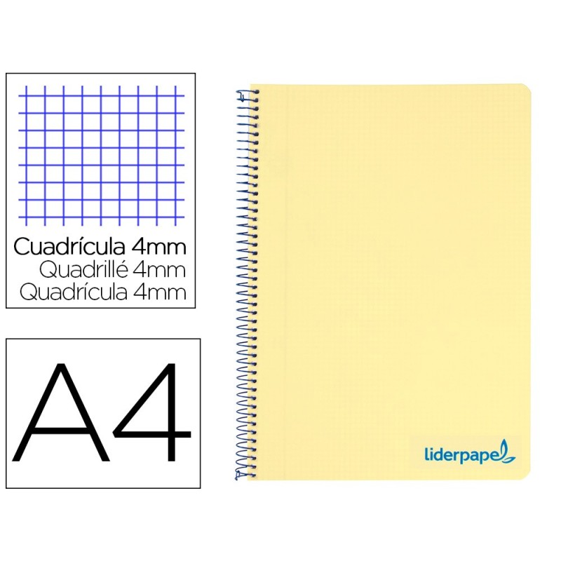 CUADERNO ESPIRAL LIDERPAPEL A4 WONDER TAPA PLASTICO 80H 90GR CUADRO 4MM CON MARGEN COLOR AMARILLO