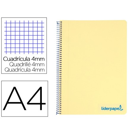 CUADERNO ESPIRAL LIDERPAPEL A4 WONDER TAPA PLASTICO 80H 90GR CUADRO 4MM CON MARGEN COLOR AMARILLO