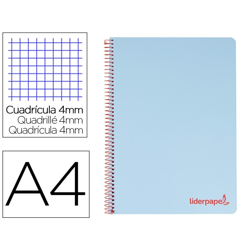 CUADERNO ESPIRAL LIDERPAPEL A4 WONDER TAPA PLASTICO 80H 90GR CUADRO 4MM CON MARGEN COLOR AZUL