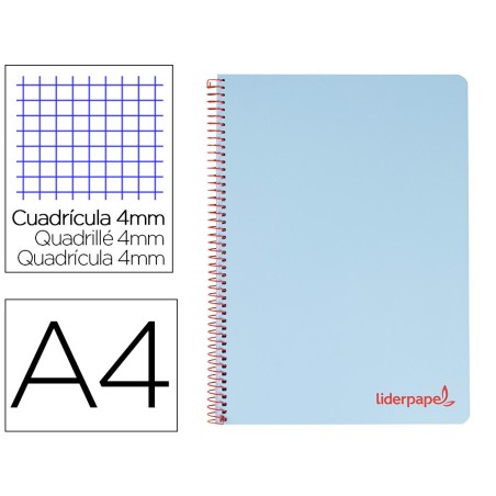 CUADERNO ESPIRAL LIDERPAPEL A4 WONDER TAPA PLASTICO 80H 90GR CUADRO 4MM CON MARGEN COLOR AZUL
