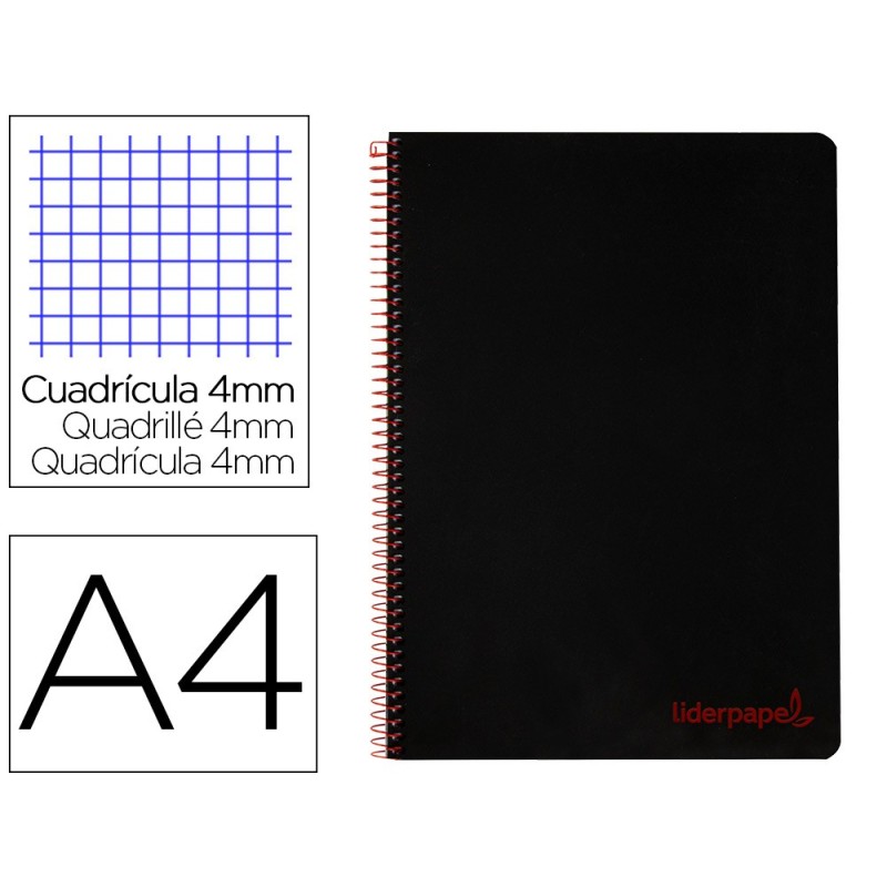 CUADERNO ESPIRAL LIDERPAPEL A4 WONDER TAPA PLASTICO 80H 90GR CUADRO 4MM CON MARGEN COLOR NEGRO