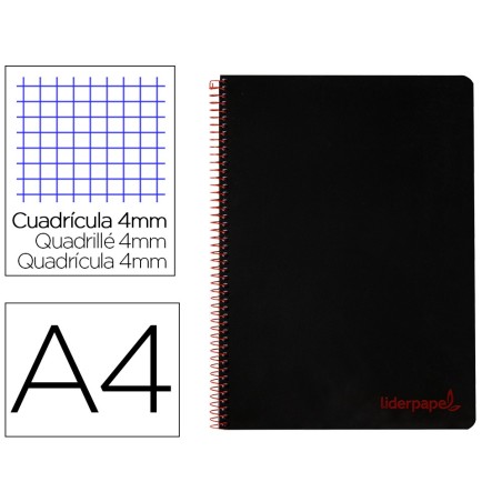 CUADERNO ESPIRAL LIDERPAPEL A4 WONDER TAPA PLASTICO 80H 90GR CUADRO 4MM CON MARGEN COLOR NEGRO