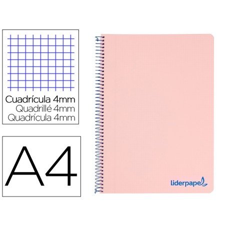 CUADERNO ESPIRAL LIDERPAPEL A4 WONDER TAPA PLASTICO 80H 90GR CUADRO 4MM CON MARGEN COLOR ROSA
