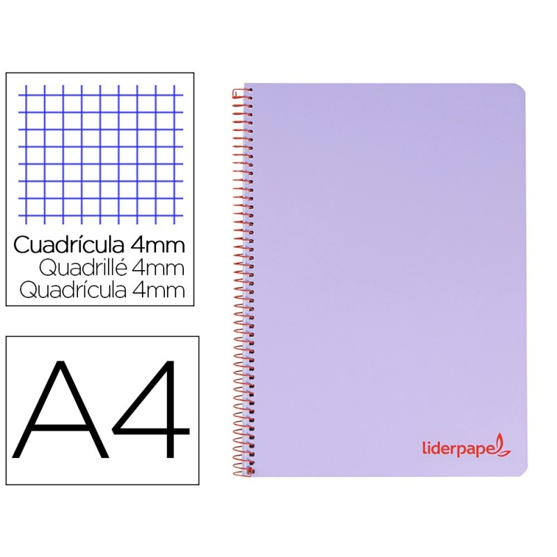 CUADERNO ESPIRAL LIDERPAPEL A4 WONDER TAPA PLASTICO 80H 90GR CUADRO 4MM CON MARGEN COLOR VIOLETA