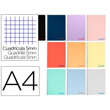 CUADERNO ESPIRAL LIDERPAPEL A4 WONDER TAPA PLASTICO 80H 90GR CUADRO 5MM CON MARGEN COLORES SURTIDOS