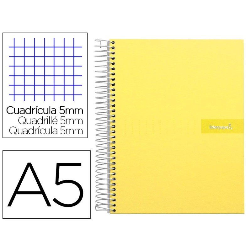 CUADERNO ESPIRAL LIDERPAPEL A5 MICRO CRAFTY TAPA FORRADA 120H 90 GR CUADRO 5MM 5 BANDAS6 TALADROS COLOR AMARILLO