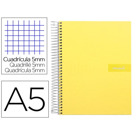 CUADERNO ESPIRAL LIDERPAPEL A5 MICRO CRAFTY TAPA FORRADA 120H 90 GR CUADRO 5MM 5 BANDAS6 TALADROS COLOR AMARILLO