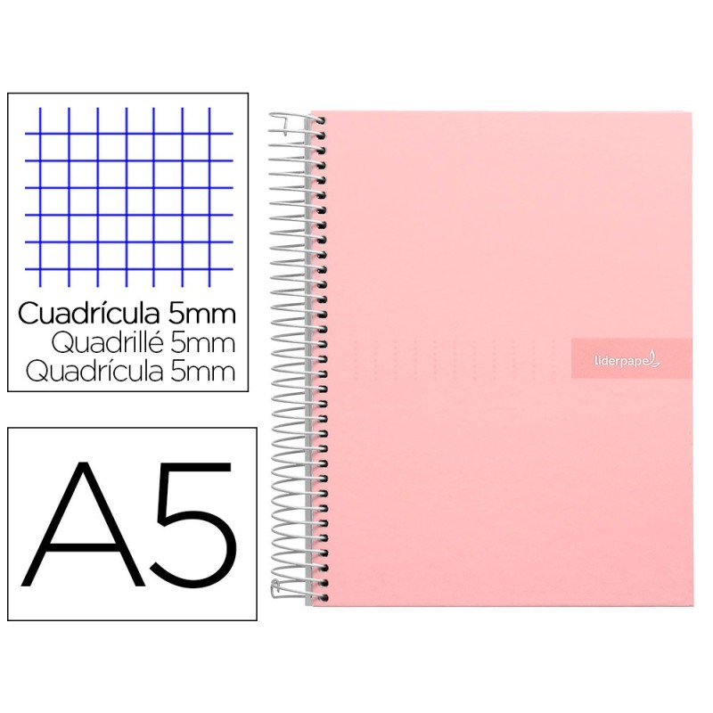 CUADERNO ESPIRAL LIDERPAPEL A5 MICRO CRAFTY TAPA FORRADA 120H 90 GR CUADRO 5MM 5 BANDAS6 TALADROS COLOR ROSA