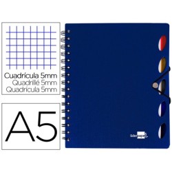 CUADERNO ESPIRAL LIDERPAPEL A5 MICRO EXECUTIVE TAPA PLASTICO 100H 80 GR CUADRO 5MM 5 SE PARADORES CON GOMILLA AZUL