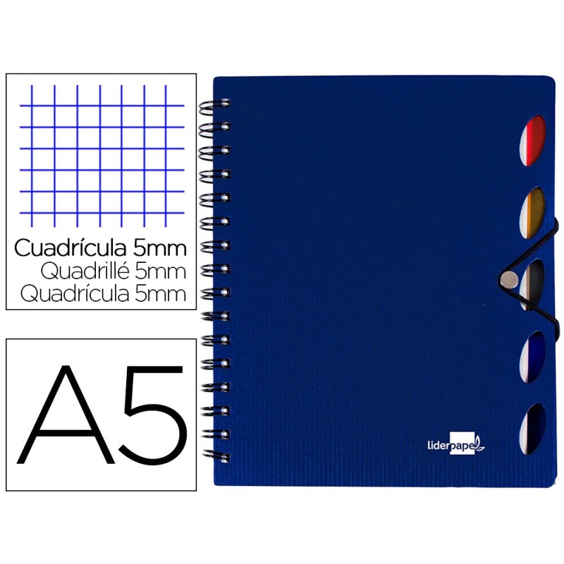CUADERNO ESPIRAL LIDERPAPEL A5 MICRO EXECUTIVE TAPA PLASTICO 100H 80 GR CUADRO 5MM 5 SE PARADORES CON GOMILLA AZUL