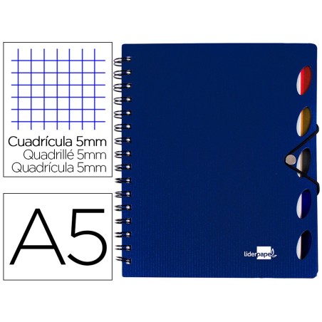 CUADERNO ESPIRAL LIDERPAPEL A5 MICRO EXECUTIVE TAPA PLASTICO 100H 80 GR CUADRO 5MM 5 SE PARADORES CON GOMILLA AZUL