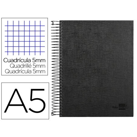 CUADERNO ESPIRAL LIDERPAPEL A5 MICRO PAPERCOAT TAPA FORRADA 140H 75 GR CUADRO5MM 5 BANDAS 6 TALADROS NEGRO