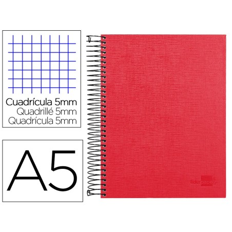 CUADERNO ESPIRAL LIDERPAPEL A5 MICRO PAPERCOAT TAPA FORRADA 140H 75 GR CUADRO5MM 5 BANDAS 6 TALADROS ROJO