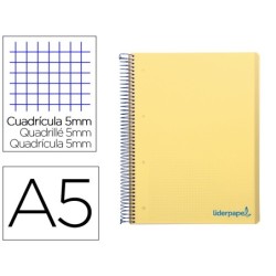 CUADERNO ESPIRAL LIDERPAPEL A5 MICRO WONDER TAPA PLASTICO 120H 90G CUADRO 5MM 5 BANDAS 6 TALADROS COLOR AMARILLO
