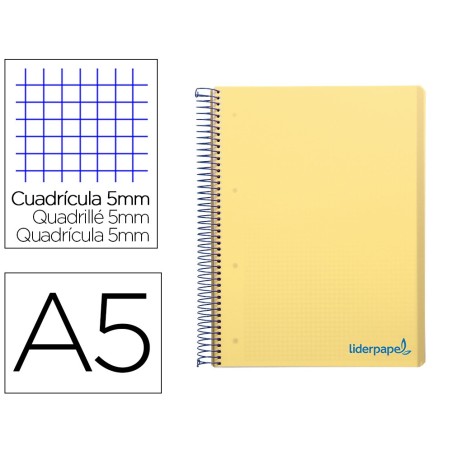 CUADERNO ESPIRAL LIDERPAPEL A5 MICRO WONDER TAPA PLASTICO 120H 90G CUADRO 5MM 5 BANDAS 6 TALADROS COLOR AMARILLO