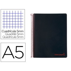 CUADERNO ESPIRAL LIDERPAPEL A5 MICRO WONDER TAPA PLASTICO 120H 90G CUADRO 5MM 5 BANDAS 6 TALADROS COLOR NEGRO