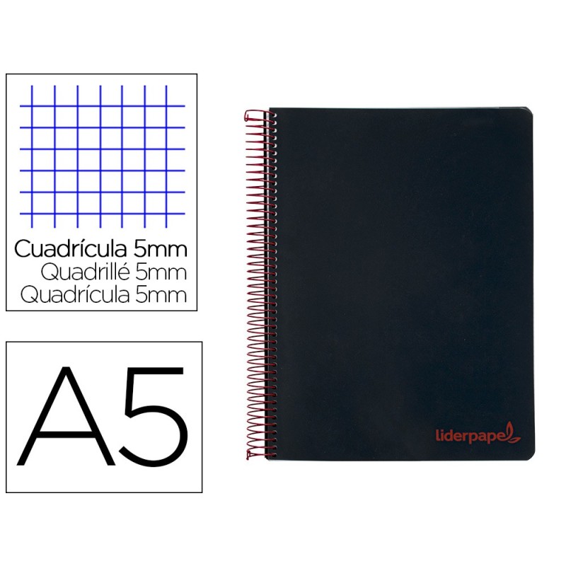 CUADERNO ESPIRAL LIDERPAPEL A5 MICRO WONDER TAPA PLASTICO 120H 90G CUADRO 5MM 5 BANDAS 6 TALADROS COLOR NEGRO