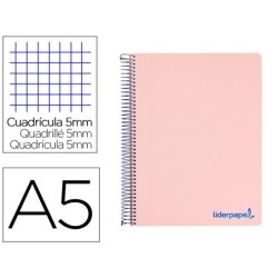 CUADERNO ESPIRAL LIDERPAPEL A5 MICRO WONDER TAPA PLASTICO 120H 90G CUADRO 5MM 5 BANDAS 6 TALADROS COLOR ROSA