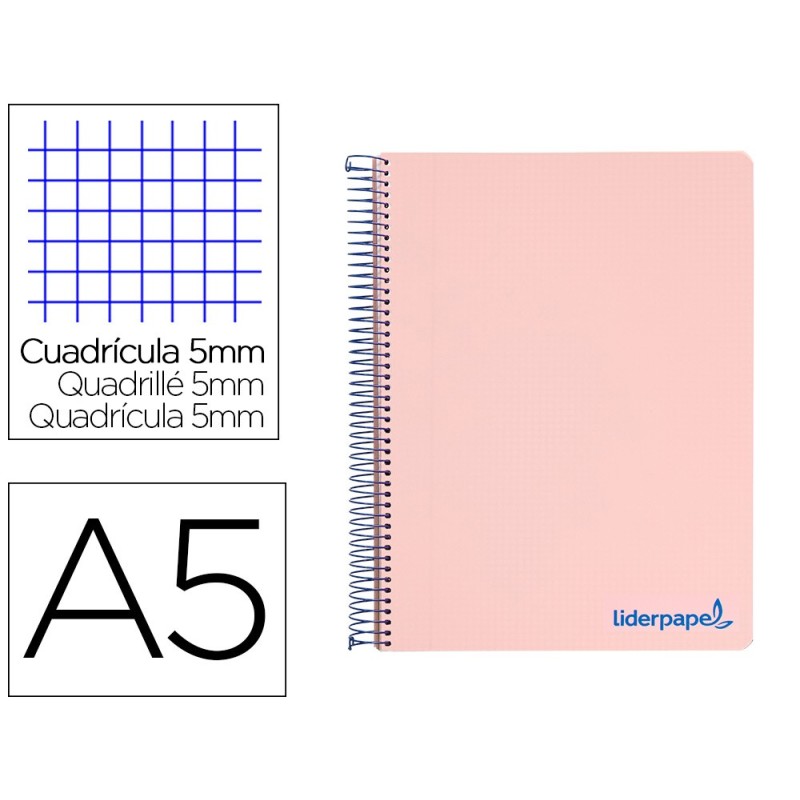 CUADERNO ESPIRAL LIDERPAPEL A5 MICRO WONDER TAPA PLASTICO 120H 90G CUADRO 5MM 5 BANDAS 6 TALADROS COLOR ROSA