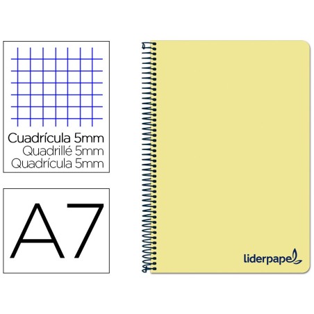 CUADERNO ESPIRAL LIDERPAPEL A7 MICRO WONDER TAPA PLASTICO 100H 90 GR CUADRO 5MM 4 BANDAS COLOR AMARILLO