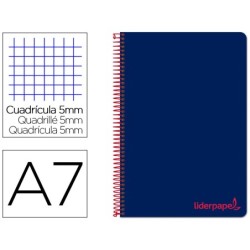 CUADERNO ESPIRAL LIDERPAPEL A7 MICRO WONDER TAPA PLASTICO 100H 90 GR CUADRO 5MM 4 BANDAS COLOR AZUL MARINO