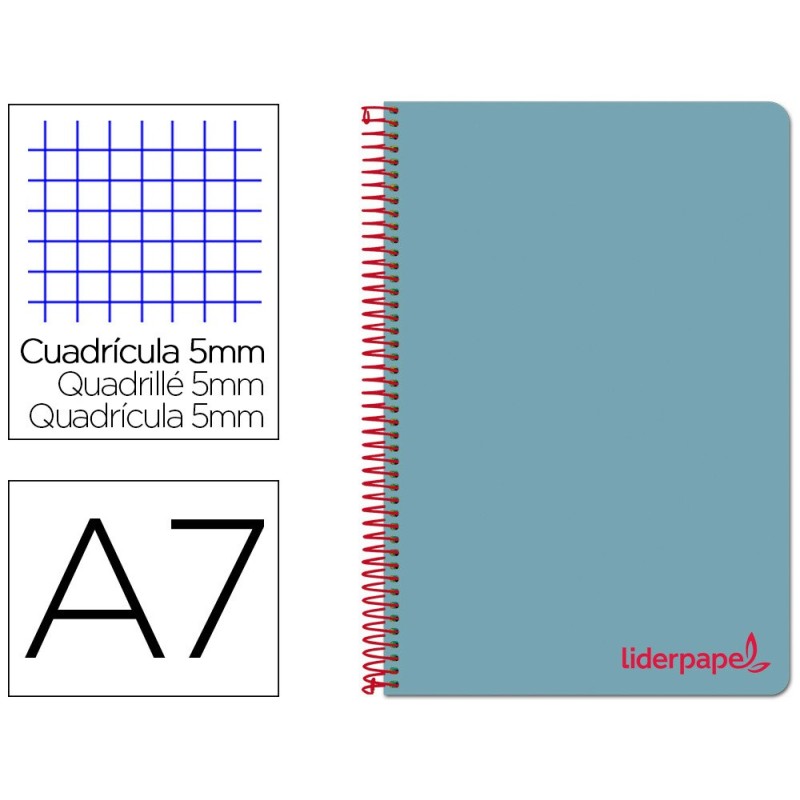 CUADERNO ESPIRAL LIDERPAPEL A7 MICRO WONDER TAPA PLASTICO 100H 90 GR CUADRO 5MM 4 BANDAS COLOR CELESTE