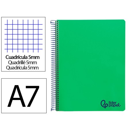 CUADERNO ESPIRAL LIDERPAPEL A7 MICRO WONDER TAPA PLASTICO 100H 90GR CUADRO 5MM 4 BANDAS COLOR VERDE OSCURO