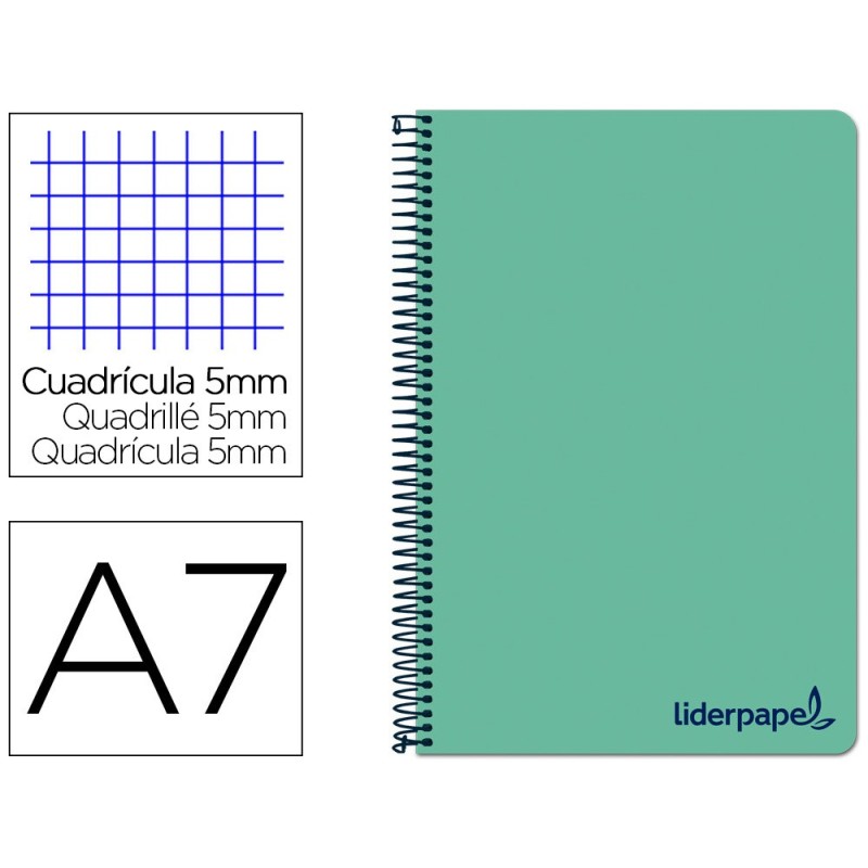 CUADERNO ESPIRAL LIDERPAPEL A7 MICRO WONDER TAPA PLASTICO 100H 90 GR CUADRO 5MM 4 BANDAS COLOR VERDE