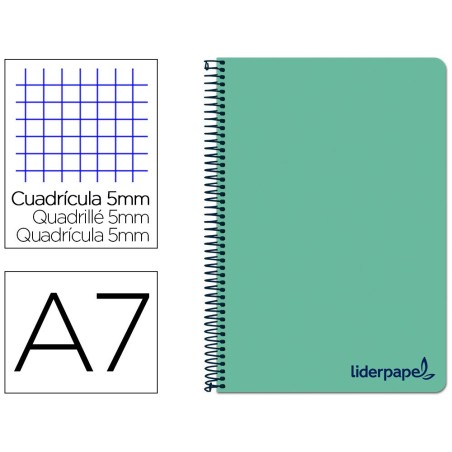 CUADERNO ESPIRAL LIDERPAPEL A7 MICRO WONDER TAPA PLASTICO 100H 90 GR CUADRO 5MM 4 BANDAS COLOR VERDE