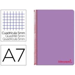CUADERNO ESPIRAL LIDERPAPEL A7 MICRO WONDER TAPA PLASTICO 100H 90 GR CUADRO 5MM 4 BANDAS COLOR VIOLETA