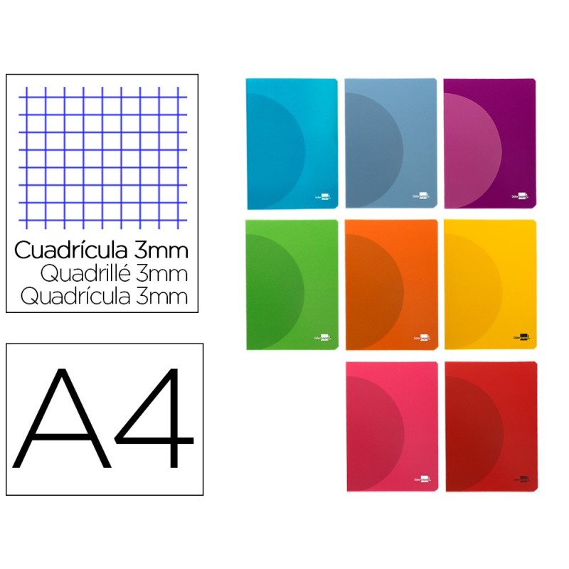 LIBRETA LIDERPAPEL 360 TAPA DE PLASTICO A4 48 HOJAS 90G/M2 CUADRO 3 MM CON MARGEN COLORES SURTIDOS