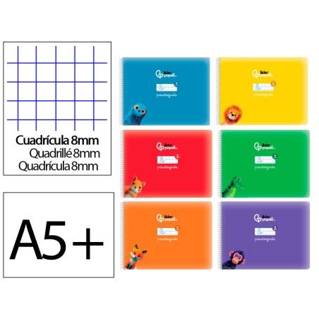 LIBRETA LIDERPAPEL PAUTAGUIA TAPA CARTONCILLO 32H DIN A5+ 75GR CUADRICULADO PAUTADO 8MM APAISADA CON MARGEN 6 COLORES