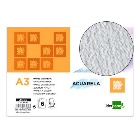 PAPEL DIBUJO LIDERPAPEL 297X420MM 300G/M2 ACUARELA PACK DE 6