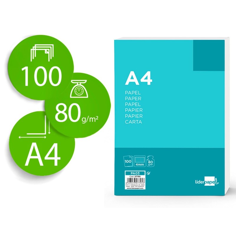 PAPEL LIDERPAPEL A4 80G/M2 SIN TALADROS CUADRO 4 MM PAQUETE DE 100 HOJAS