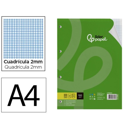 RECAMBIO LIDERPAPEL A4 100 HOJAS 100G/M2 CUADRO 2MM CON MARGEN 4 TALADROS