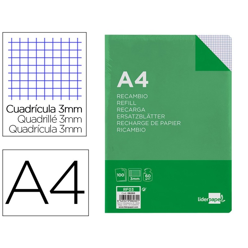 RECAMBIO LIDERPAPEL A4 100 HOJAS CUADRO 3 MM CON MARGEN 4 TALADROS