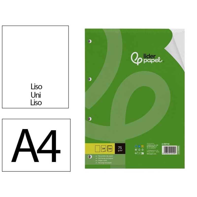 RECAMBIO LIDERPAPEL A4 100 HOJAS 75GR LISO SIN MARGEN 4 TALADROS