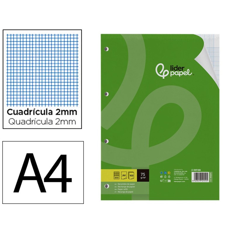RECAMBIO LIDERPAPEL A4 100 HOJAS 75GR MILIMETRADO 2 MM SIN MARGEN 4 TALADROS