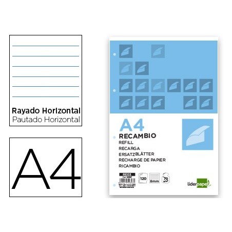 RECAMBIO LIDERPAPEL A4 120 HOJAS 70G/M2 HORIZONTAL SIN MARGEN 4 TALADROS BANDAS DE 5 COLORES