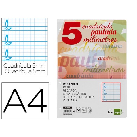 RECAMBIO LIDERPAPEL FOLIO PAUTAGUIA 100 HOJAS 75 G CUADRICULADO PAUTADO 5 MM CON MARGEN 4 TALADROS